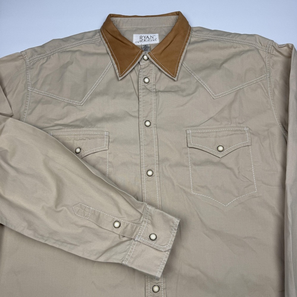 Ryan Michael Shirt Mens XL Beige Solid Western Long Sleeve Snap Button Up Cowboy